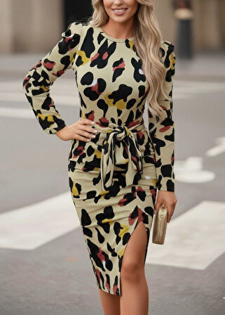 Kadın Uzun Kollu Yuvarlak Yaka Belden Kuşaklı önden Yırtmaçlı örme Krep Elbise