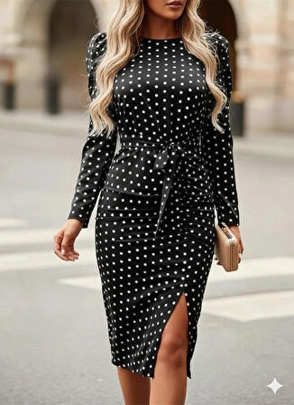 Kadın Uzun Kollu Yuvarlak Yaka Belden Kuşaklı önden Yırtmaçlı örme Krep Elbise