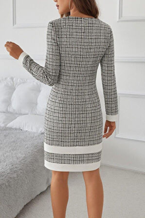 Kadın Uzun Kollu Yuvarlak Yaka Etek Ucu şerit Detaylı Mini Dokuma Elbise