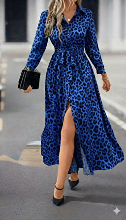Kadın Uzun Kollu Yakalı Belden Kuşaklı Leopar Desenli Modal Uzun Elbise
