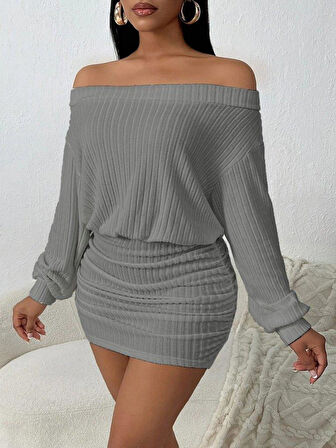 Kadın Uzun Kollu Madonna Yaka Yanlardan Büzgülü şardonlu Kaşkorse Mini Elbise