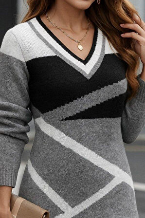 Kadın Uzun Kollu V Yakalı Kısa Triko Elbise