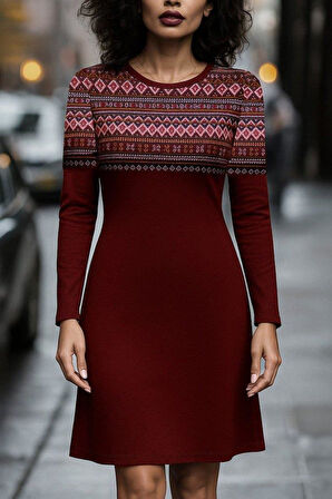 Kadın Uzun Kollu Bisiklet Yaka Etnik Desenli Kısa şardonlu Dalgıç Elbise