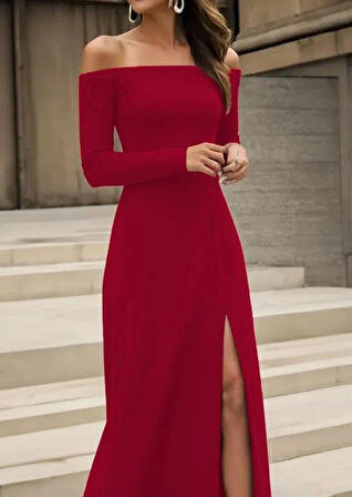 Kadın Uzun Kollu Madonna Yakalı Yırtmaç Detaylı Uzun Ithal Krep Elbise