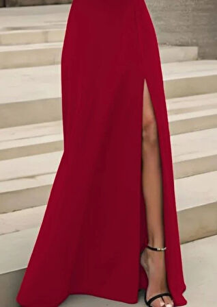 Kadın Uzun Kollu Madonna Yakalı Yırtmaç Detaylı Uzun Ithal Krep Elbise