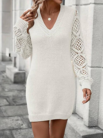 Kadın Uzun Kollu V Yakalı Mini Triko Elbise