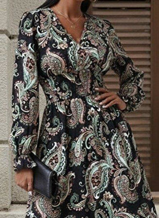 Kadın Uzun Kollu Kruvaze Yaka Beli Lastikli Uzun Desenli Maxi Elbise