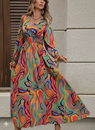 Kadın Uzun Kollu V Yakalı Desenli Maxi Süprem Elbise