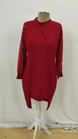 Kadın Uzun Kollu Yarı Balıkçı Yaka Tül Ve Inci Detaylı Kısa Ithal Krep Midi Elbise