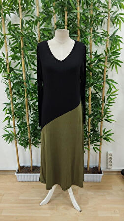 Kadın Uzun Kollu V Yakalı Blok Desenli Viskon Elbise