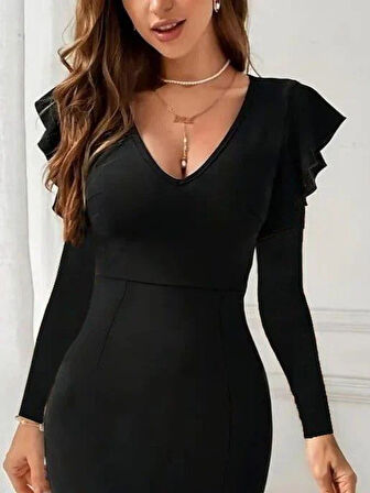 Kadın Uzun Kollu V Yakalı Yandan Yırtmaçlı Midi Ithal Krep Elbise