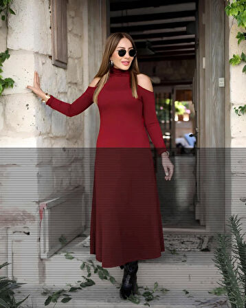 Kadın Balıkçı Yaka Omuzlardan Açık Uzun Kollu Janjan Krep Elbise