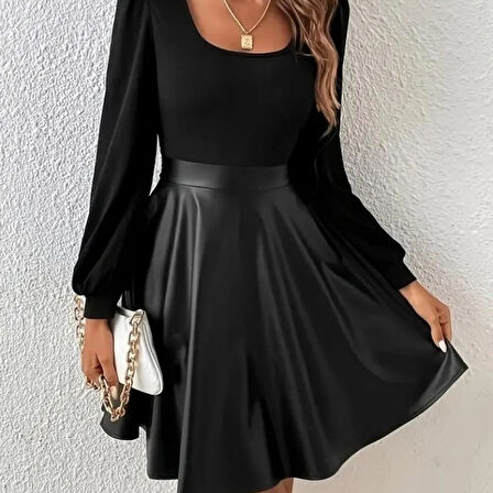 Kadın Uzun Kollu Kare Yaka üst Viskon Alt Deri Mini Elbise