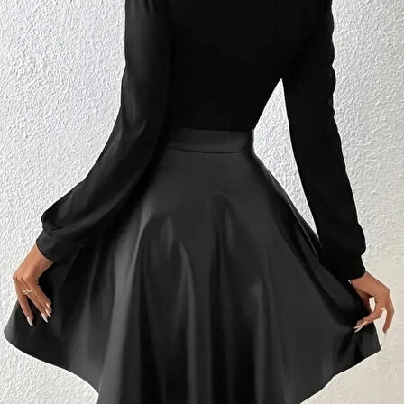 Kadın Uzun Kollu Kare Yaka üst Viskon Alt Deri Mini Elbise