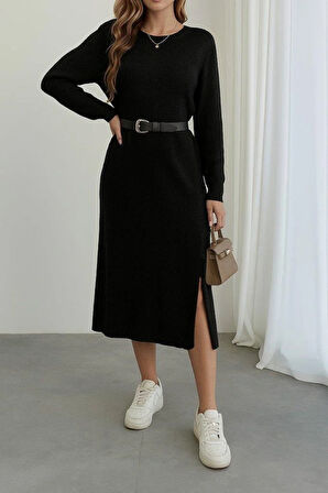 Kadın Uzun Kollu Bisiklet Yaka Yandan Yırtmaçlı Midi Triko Elbise