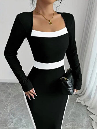 Kadın Uzun Kollu Geometrik Yaka Midi Ithal Krep Elbise