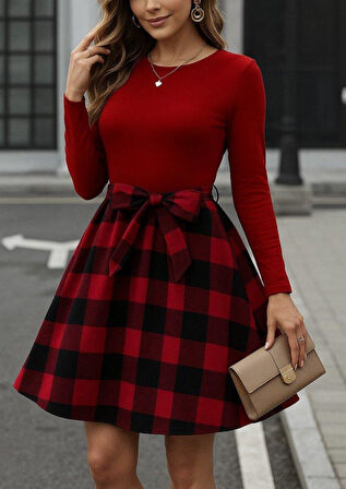 Kadın Uzun Kollu Bisiklet Yaka üst Viskon Alt Ekose Kısa Elbise