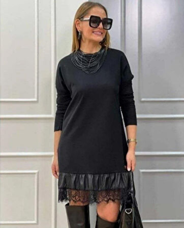 Kadın Uzun Kollu Bisiklet Yaka Etek Ucu Deri Dantelli Viskon Iki Iplik Midi Elbise