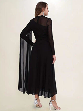 Kadın Uzun Kollu Yarı Balıkçı Yaka Tül Detaylı Uzun Sandy Elbise