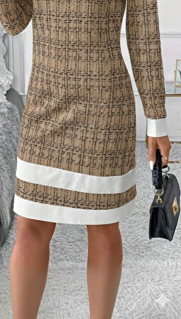 Kadın Uzun Kollu Yuvarlak Yaka Etek Ucu şerit Detaylı Mini Dokuma Elbise