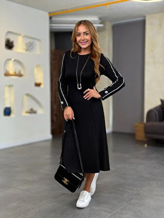 Kadın Uzun Kollu Bisiklet Yaka Midi Modal Elbise
