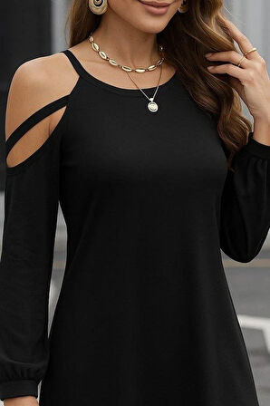 Kadın Uzun Kollu Omuz Açık Askı Detay Viskon Mini Boy Elbise