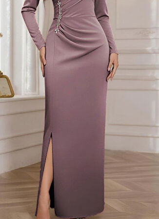 Kadın Uzun Kollu Kruvaze Yakalı Yanları Taşlı Yırtmaçlı Uzun Ithal Krep Elbise