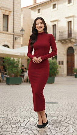 Kadın Uzun Kollu Balıkçı Yaka Midi Boy Elbise