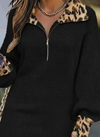 Kadın Uzun Kollu Yakalı önden Fermuarlı Leopar Detaylı Mini Peluş Elbise