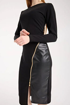 Kadın Bisiklet Yaka Uzun Kollu Deri Ve Fermuar Detay Mini Yırtmaçlı Elbise