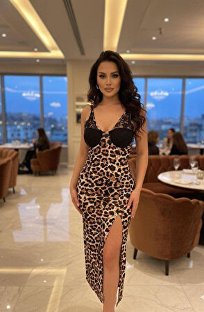 Kadın Dantel Detay Omuz Askılı Leopar Desen Maxi Yırtmaçlı Gloplu Elbise