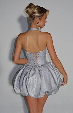 Kadın Halter Yaka Simli Kumaş Sırtı Bağcık Detay Prenses Elbise