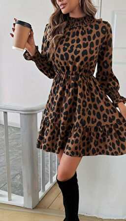 Kadın Uzun Kollu Yarı Balıkçı Yaka Leopar Desenli Modal Mini Elbise