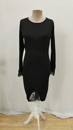 Kadın Uzun Kollu Bisiklet Yaka önden Dantel Ve Yırtmaç Detaylı Dalgıç Elbise