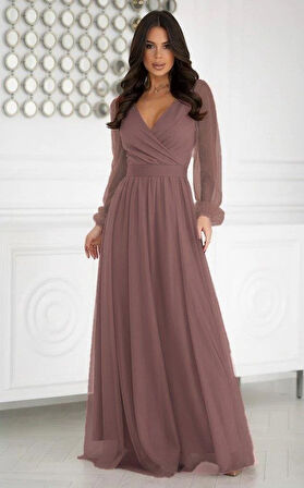 Kadın Uzun Kollu Kruvaze Yakalı Belden Kuşaklı Tüllü Uzun Ithal Krep Elbise