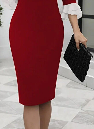 Kadın Truvakar Kollu Fiyonk Yakalı Midi Ithal Krep Elbise