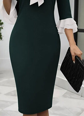 Kadın Truvakar Kollu Fiyonk Yakalı Midi Ithal Krep Elbise