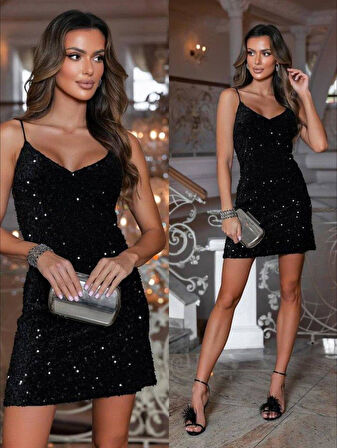 Kadın Omuz Askılı Sırt Dekolteli Kadife Kumaş üzerine Full Pul Payetişlemeli Mini Elbise