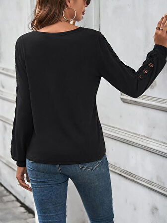 Kadın Uzun Kollu V Yakalı Dantel Detaylı Viskon Bluz