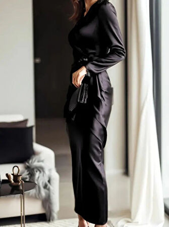 Kadın Uzun Kollu Kruvaze Yakalı Beli Kuşaklı Uzun Saten Elbise