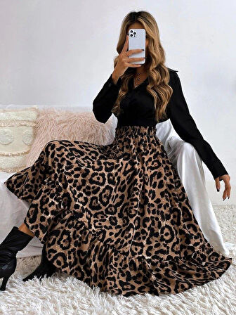 Kadın Uzun Kollu Kruvaze Yakalı Ithal Krep Bluz Ve Leopar Desenli Süprem Uzun Elbise