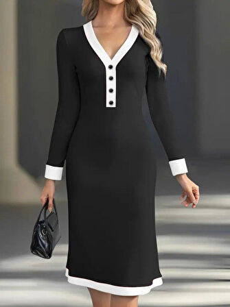 Kadın Uzun Kollu V Yakalı Düğmeli Midi Modal Elbise