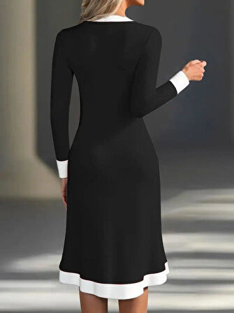 Kadın Uzun Kollu V Yakalı Düğmeli Midi Modal Elbise