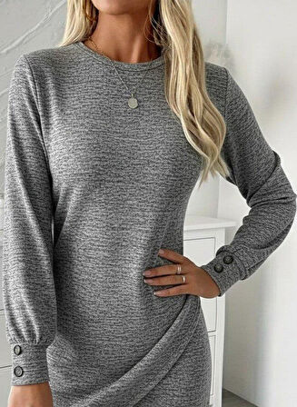 Kadın Uzun Kollu Bisiklet Yaka önden Asimetrik Kesim Detaylı Mini Yumoş Elbise