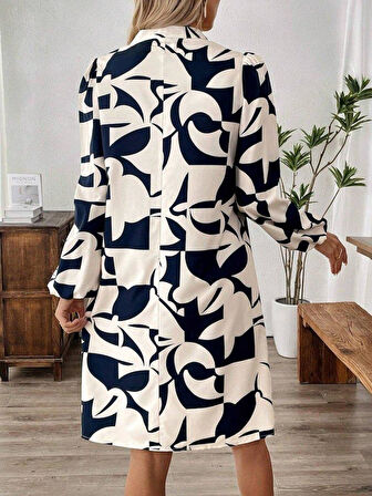 Kadın Uzun Kollu V Yakalı Desenli Modal Mini Elbise