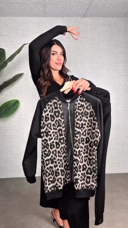 Kadın Uzun Kollu önden Fermuarlı Leopar Desenli Viskon Iki Iplik Bluz Ve Pantolon Ikili Takım