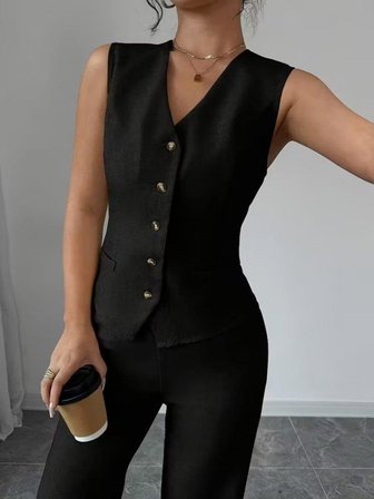 Kadın Askılı önden Düğmeli Bluz Ve Pantolon Keten Ikili Takım