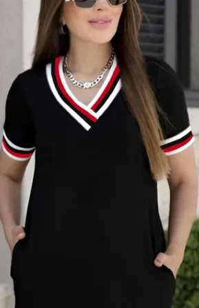 Kadın Kısa Kollu V Yaka Ribana Detay Midiboy Viskon Elbise
