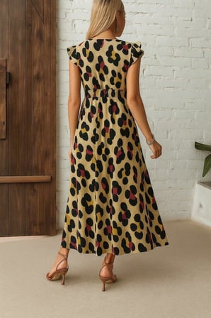 Kadın Kısa Kollu V Yakalı Desenli Yandan Yırtmaçlı Süprem Elbise