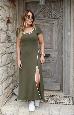 Kadın Kısa Kollu Yuvarlak Yaka Beyaz Yırtmaç Detaylı Viskon Tam Boy Elbise